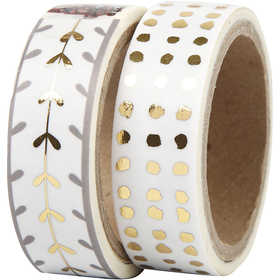 Washi Tape, Herzen und Punkte - Glanzfolie, B 15 mm, Gold, Weiß, 2x4 m/ 1 Pck [HOB-24767]