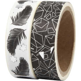 Washi Tape, Federn und graphisches Muster - Glanzfolie, B 15 mm, 2x4 m/ 1 Pck [HOB-24772]