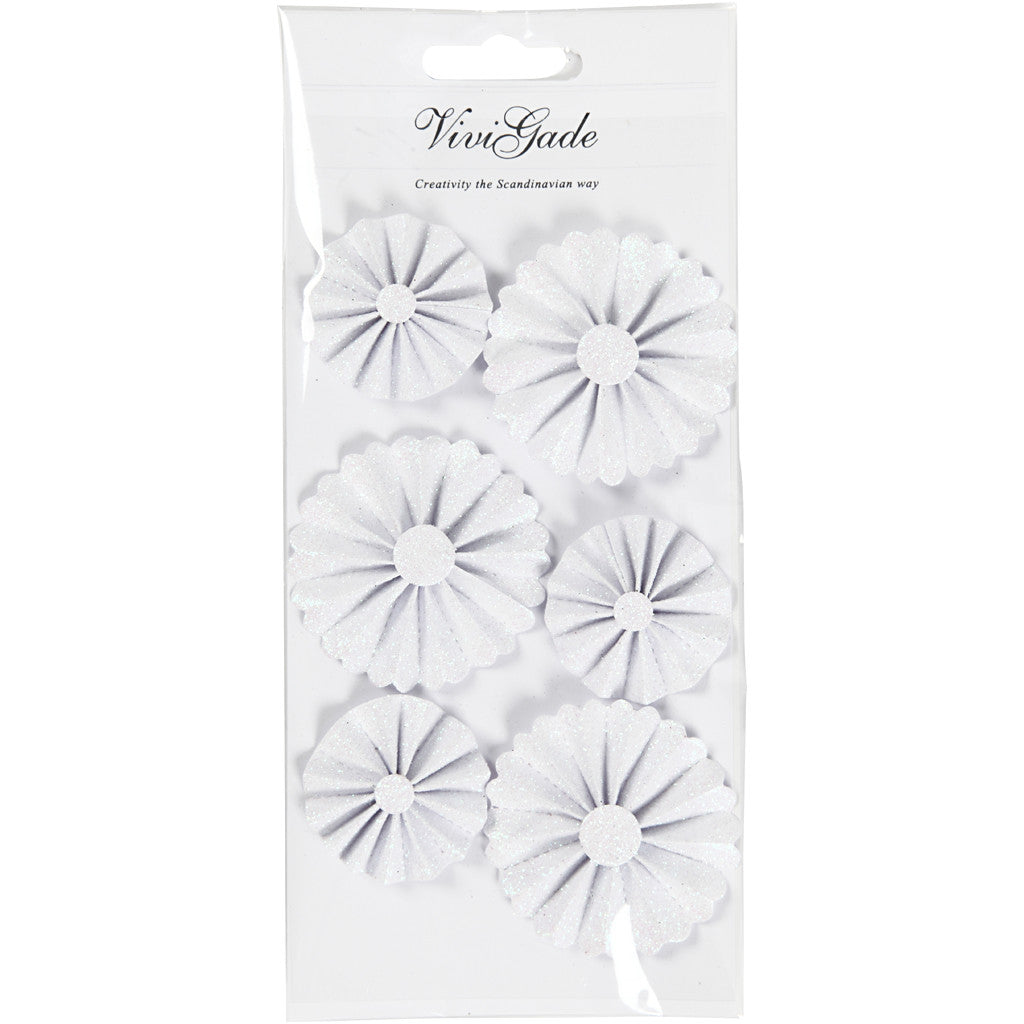 Papier-Rosetten, D 35+50 mm, Weiß mit Glitter, 6 Stk/ 1 Pck [HOB-24782]