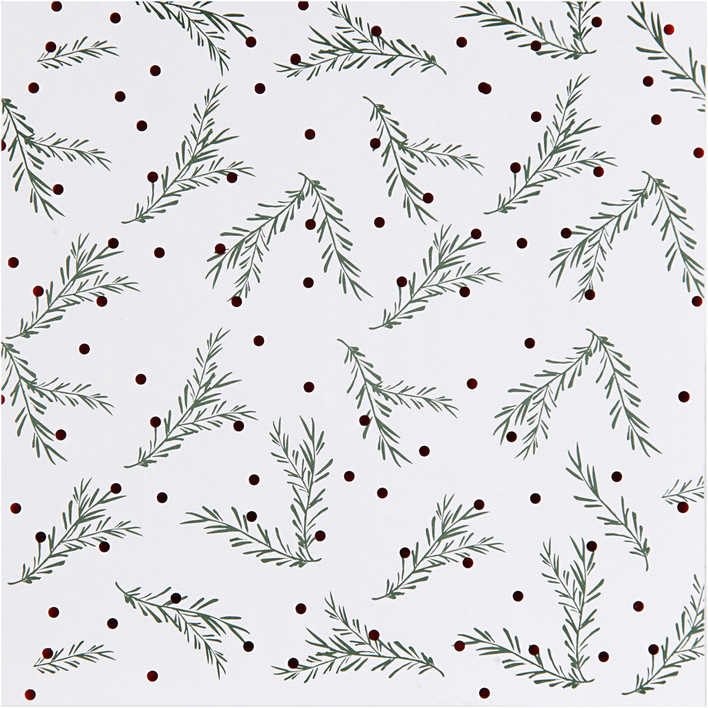 Design-Papier, Fichtenzweige & Punkte, Blatt 30,5x30,5 cm, 180 g, Gold, Grün, Rot, Weiß, 3 Bl./ 1 Pck [HOB-25338]