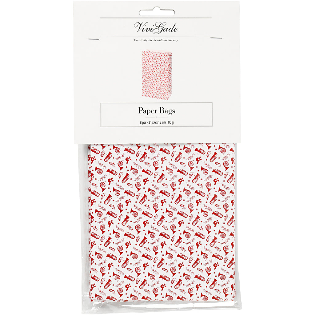 Papiertüten, Trompete, H 21 cm, Größe 6x12 cm, 80 g, Rot, Weiß, 8 Stk/ 1 Pck [HOB-25352]