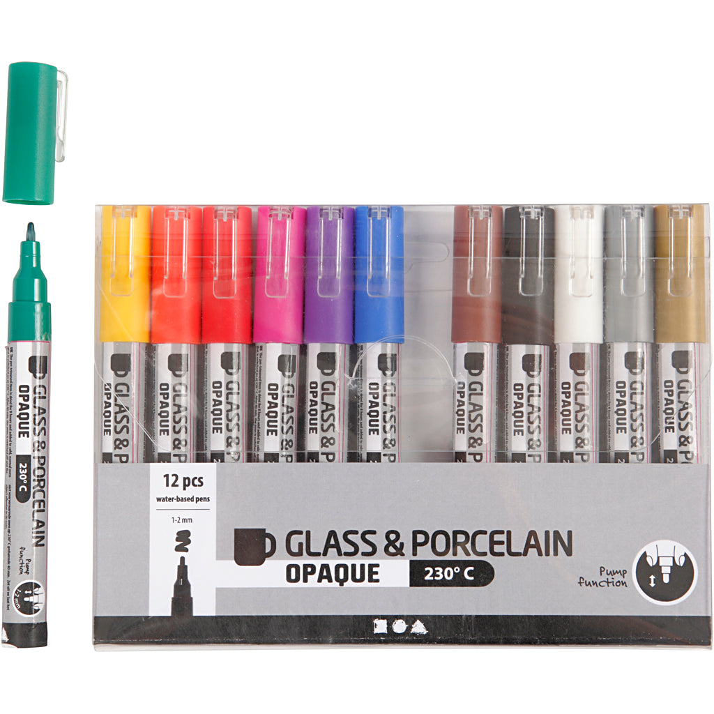 Glass & Porcelain Marker, line 1-2 mm, semi opaque, assorted colours, 12 pc