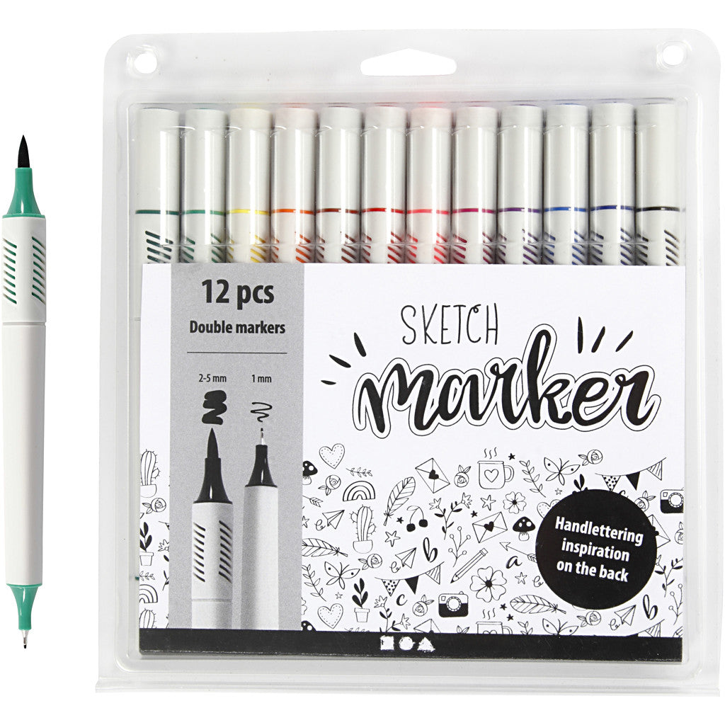 Sketch Marker, Strichstärke 1+2-5 mm, Standard-Farben, 12 Stk/ 1 Pck [HOB-37382]