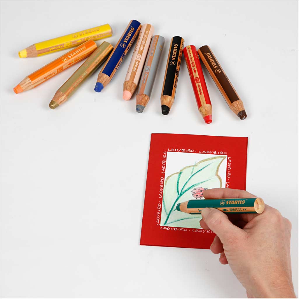 Woody 3-in-1 Buntstifte, L 11 cm, Dicke 16 mm, Mine 10 mm, Sortierte Farben, 10 Stk/ 1 Pck [HOB-38190]