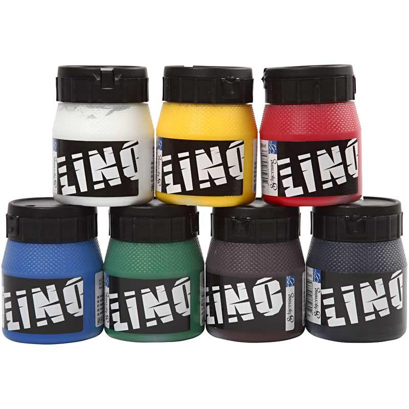 Lino Printing Ink, assorted colours, 7x250 ml