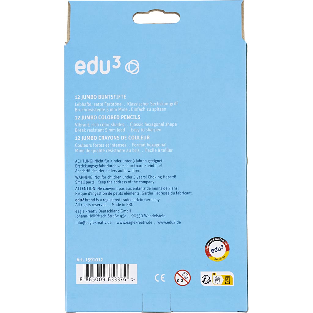 edu3 Jumbo-Buntstifte, Dicke 10 mm, Mine 5 mm, Sortierte Farben, 12 Stk/ 1 Pck [HOB-409812]
