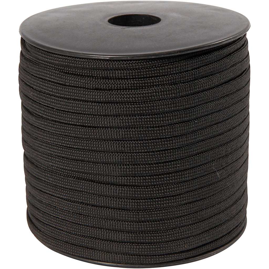Polyester Cord, W: 5 mm, black, 50 m/ 1 roll