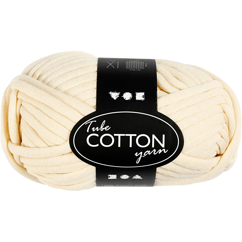 Cotton Tube Yarn, L: 45 M, needle 10-12, off-white, 100 g/ 1 ball