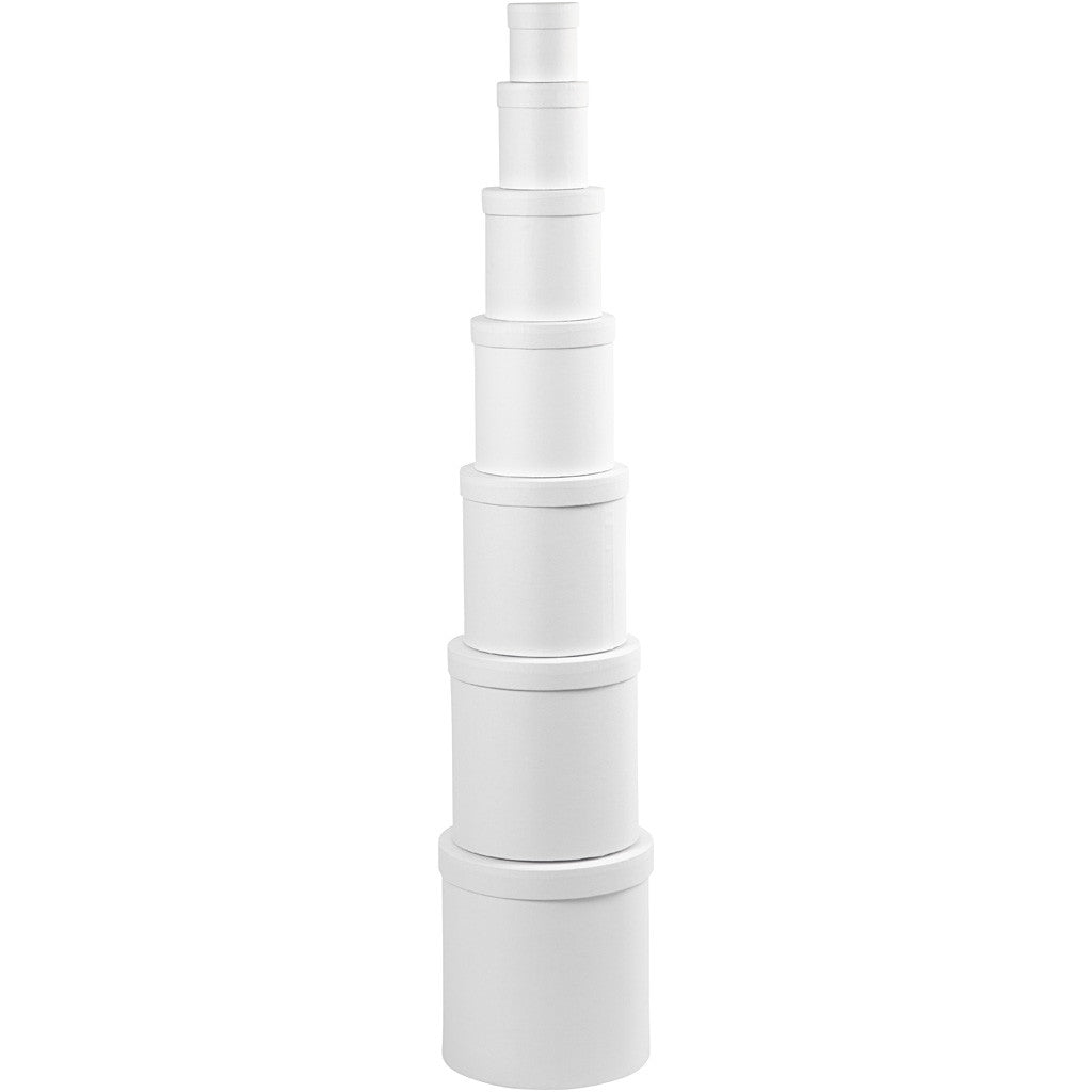 Runde Schachteln - Set, Runde Form, H 7,5+10,2 +12,7+15,2 +17,7+20,2 +22,7 cm, D 7+9 +12+14,5 +17+19,5 +22 cm, Weiß, 7 Stk/ 1 Set [HOB-50438]