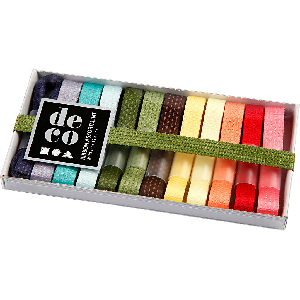 Decorative Ribbon, W: 10 mm, assorted colours, 12x1 m