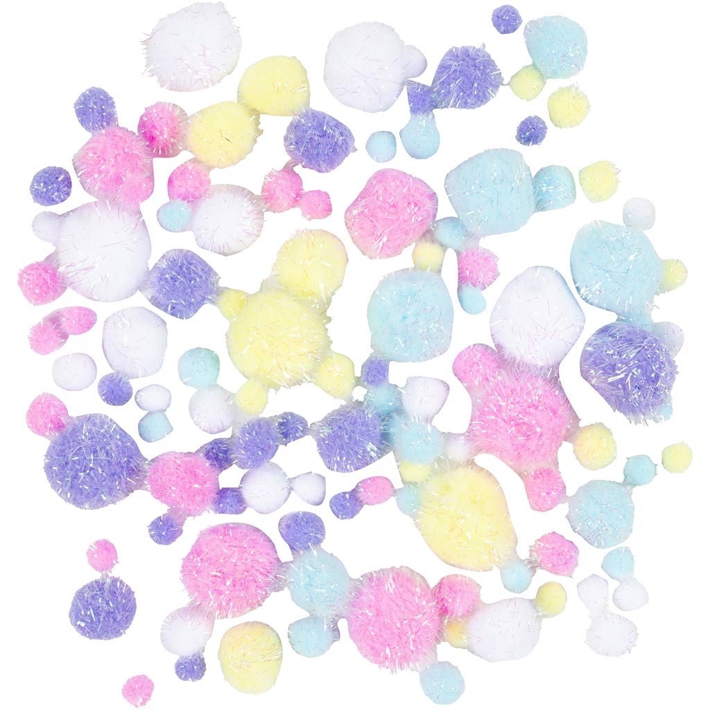 Pompons, D 15-40 mm, Glitter, ca. 75 Stk, Pastellfarben, 62 g/ 1 Pck [HOB-518950]