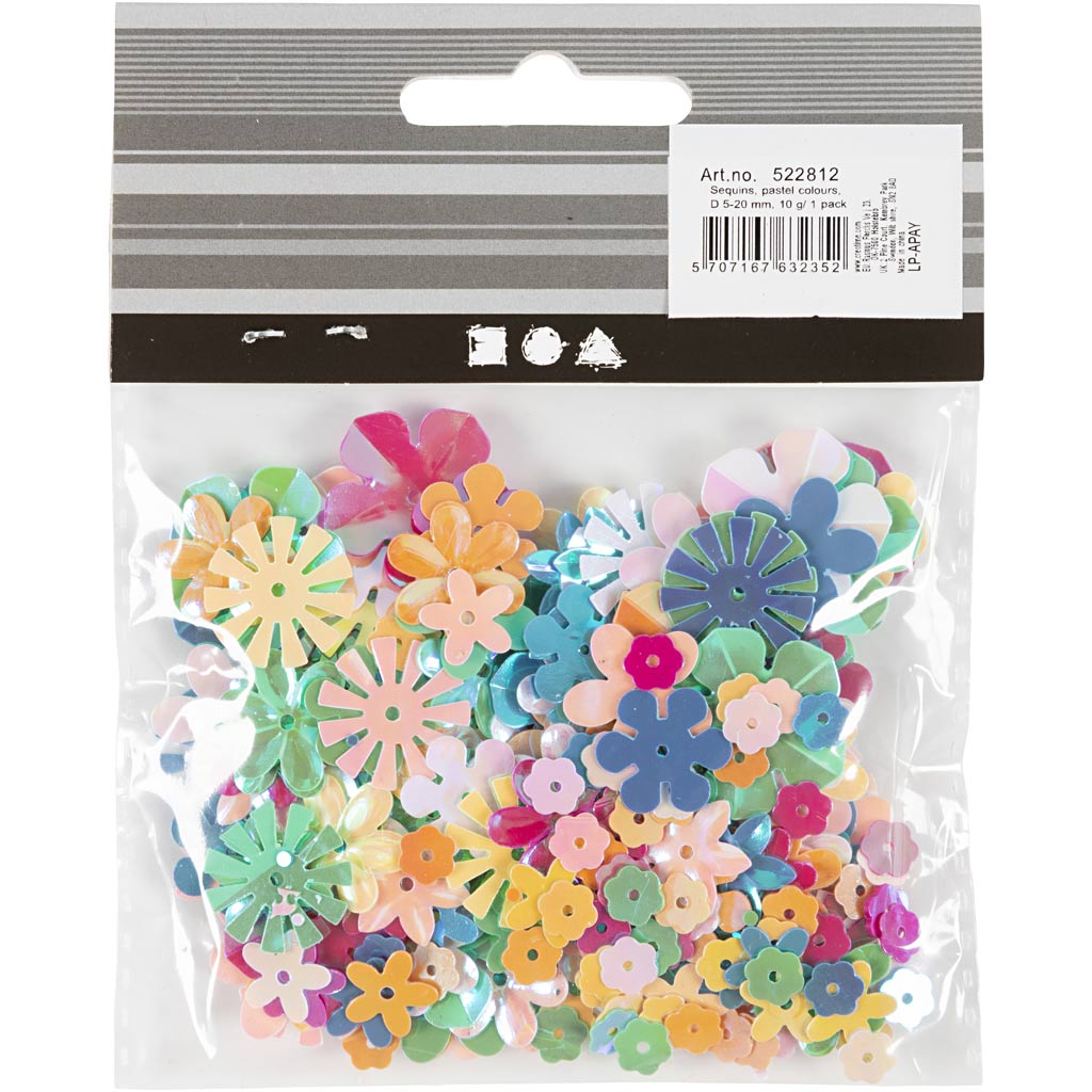 Sequins, size 6-20 mm, ca. 390 pc, pastel colours, 10 g