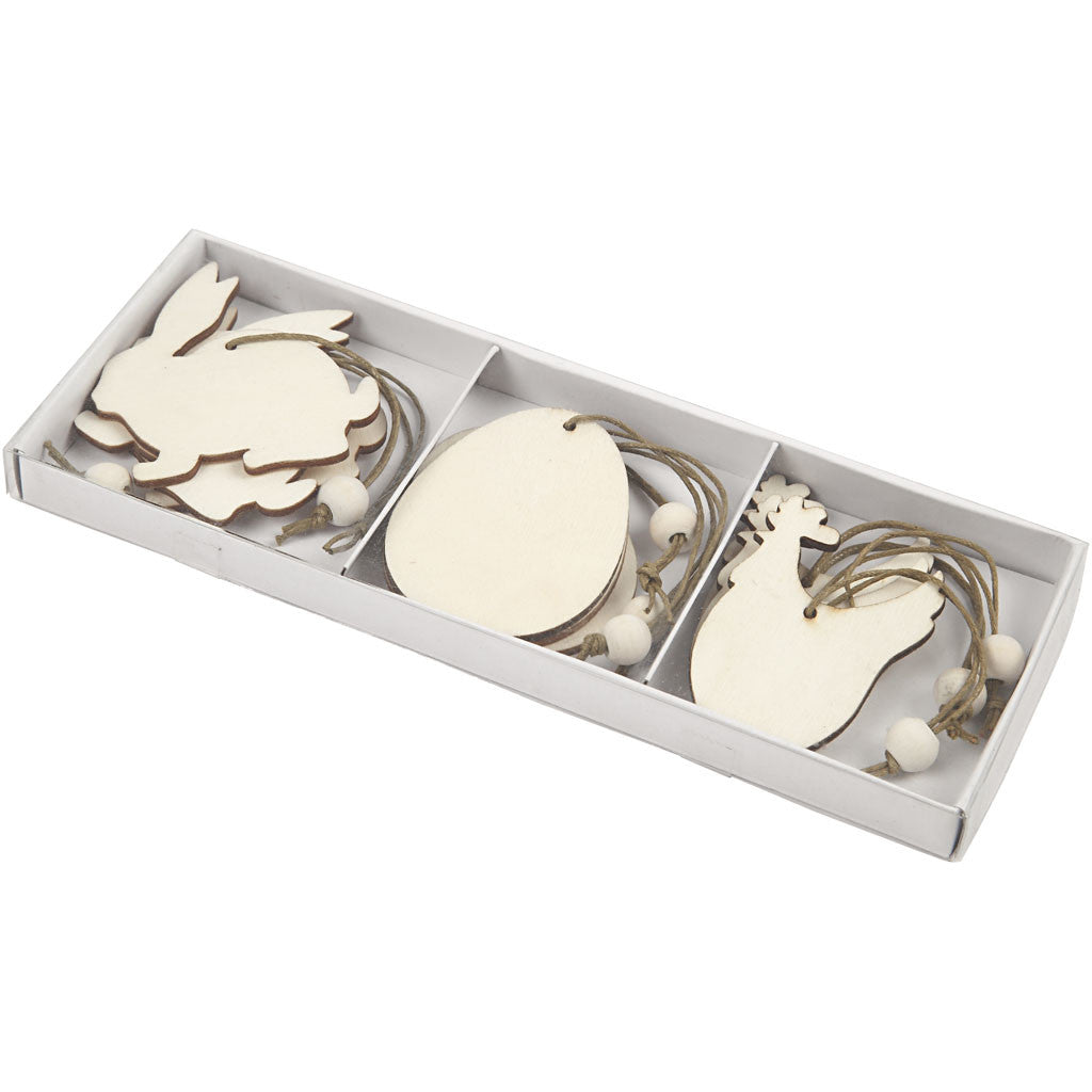 Holzornamente, Kaninchen, Ei, Huhn, Größe 6 cm, Dicke 3 mm, 9 Stk/ 1 Pck [HOB-56732]