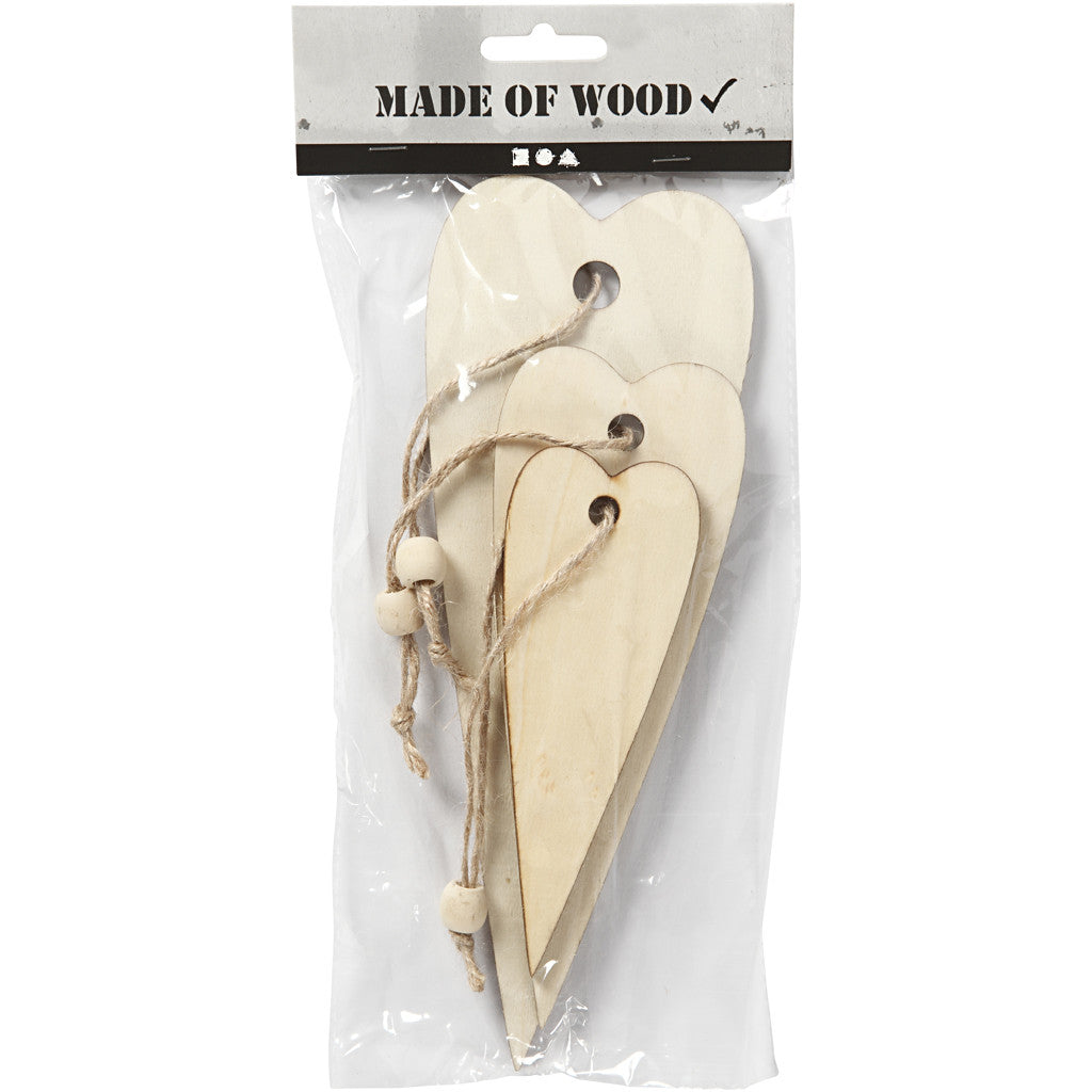 Holzdekorationen zum Aufhängen, längliche Herzen, H 12+16+20 cm, Dicke 5 mm, 3 Stk/ 1 Pck [HOB-56735]