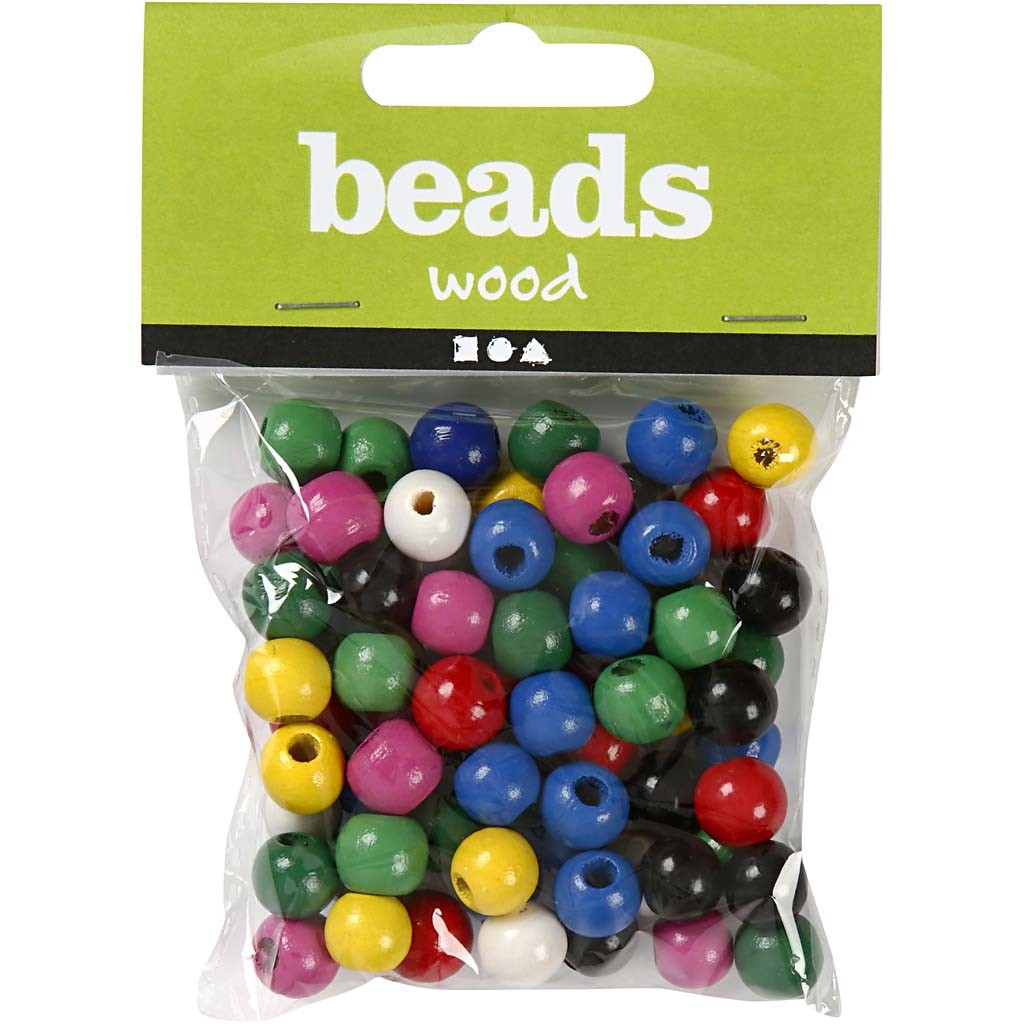 Holzperlen-Mix, D 12 mm, Lochgröße 3 mm, ca. 40 sort., Sortierte Farben, 22 g/ 1 Pck [HOB-570419]