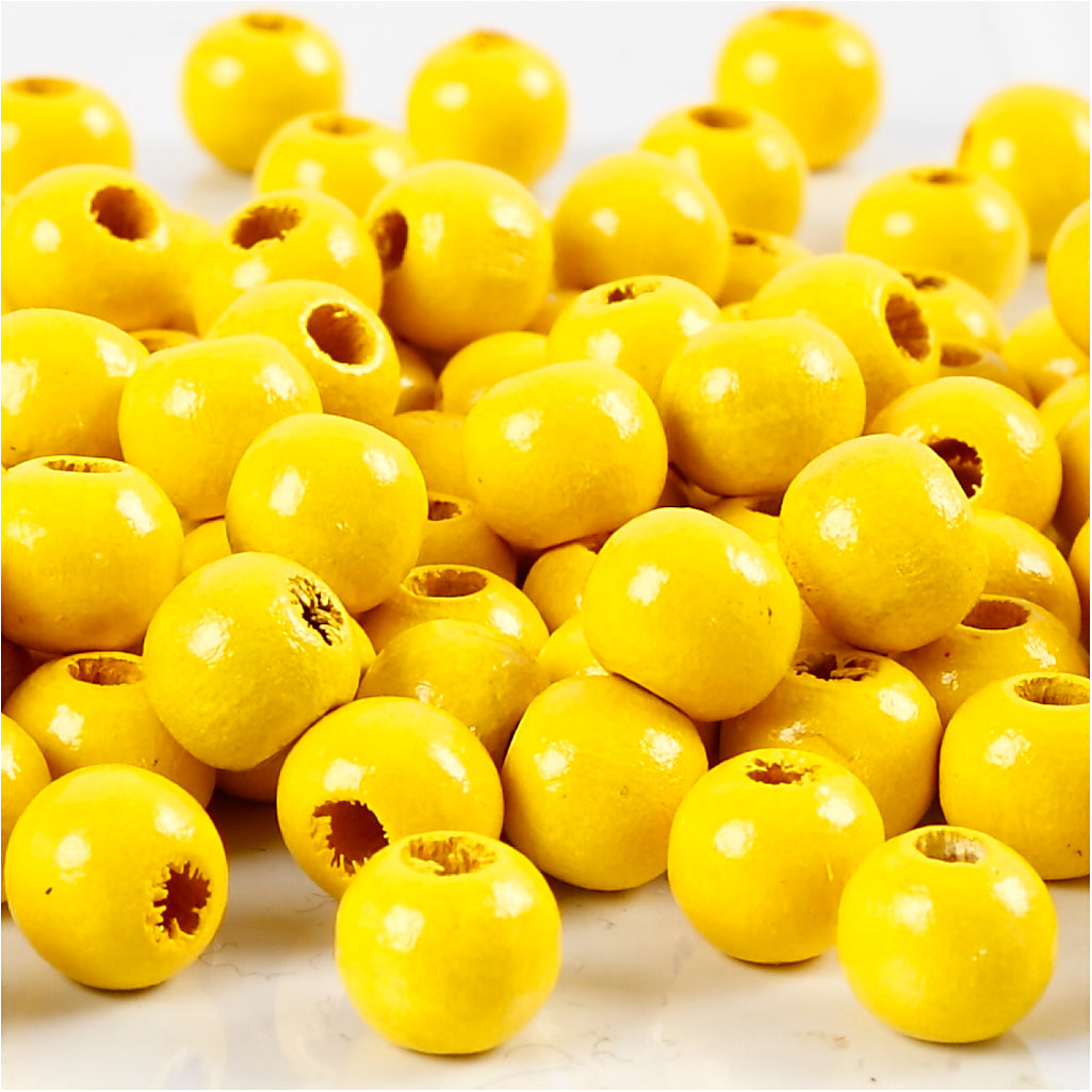 Wooden Beads, dia. 8 mm, hole size 2 mm, ca. 80 pc, yellow, 15 g