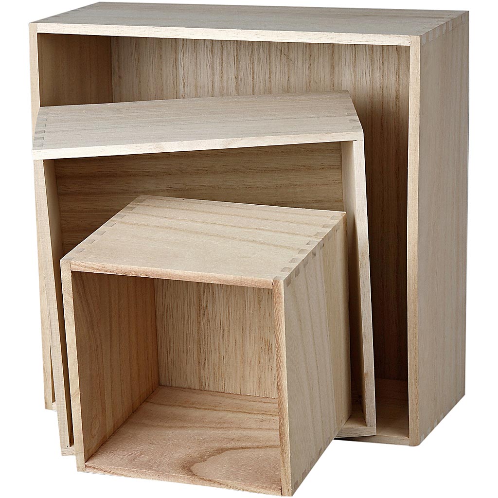 Holzkasten-Set, Quadrat, H 15x15+21,5x21,5+28x28 cm, Tiefe 12,5 cm, Kaiserbaum, 3Stck. [HOB57637]