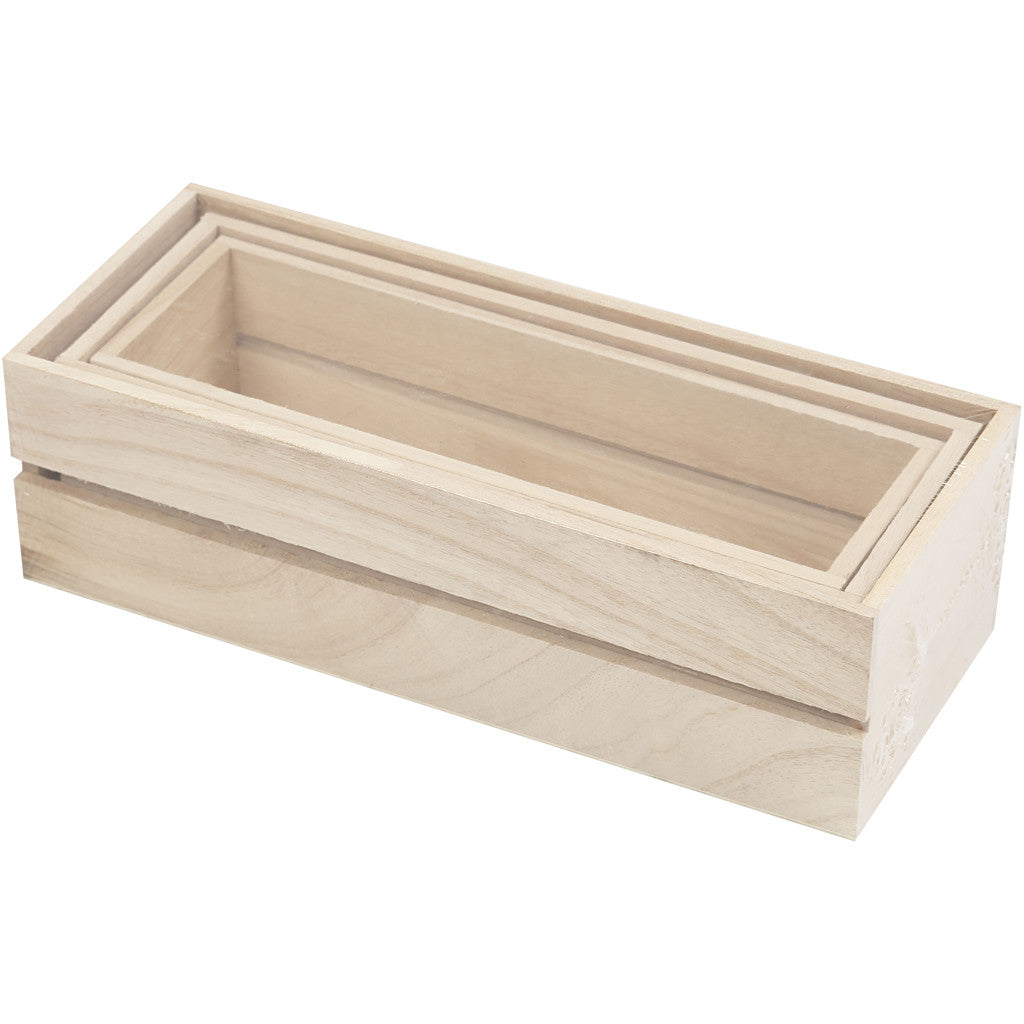 Holz Boxen, H 6,5+7+7,5 cm, L 22+23,5+25 cm, B 7+8,5+10 cm, 3 Stk/ 1 Set [HOB-57695]