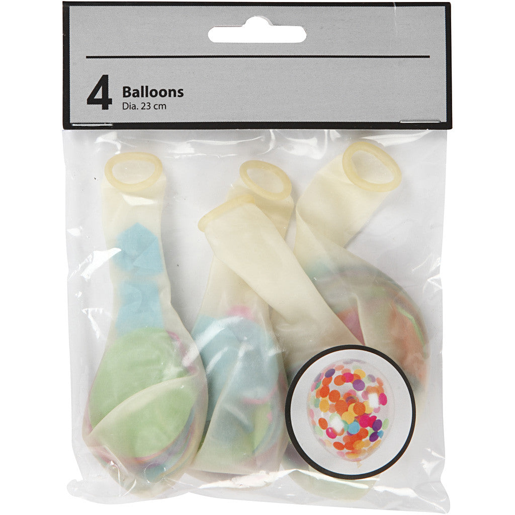 Ballons mit Konfetti, rund, D 23 cm, Transparent, 4 Stk/ 1 Pck [HOB-59174]