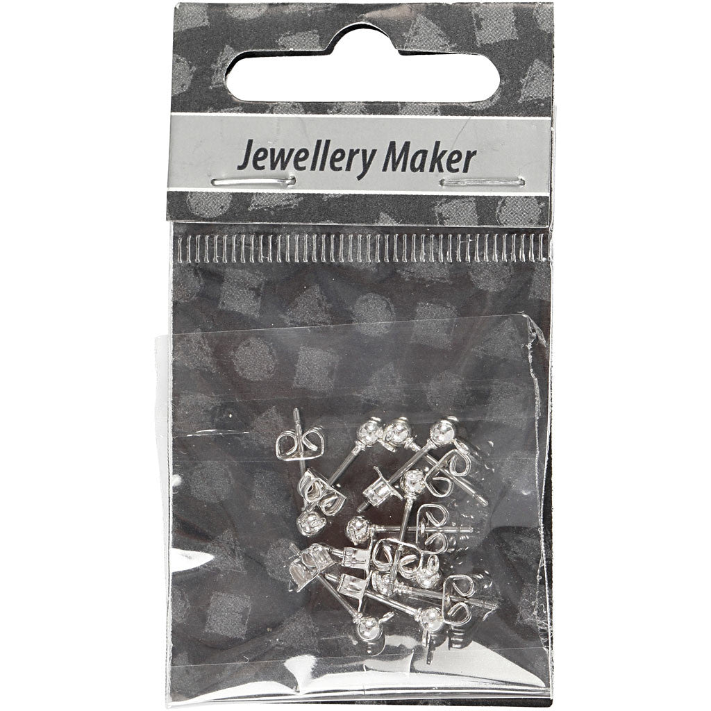 Ohrstecker-Stift, L 13 mm, D 3,8 mm, Lochgröße 0,8 mm, Versilbert, 10 Stk/ 1 Pck [HOB-603100]