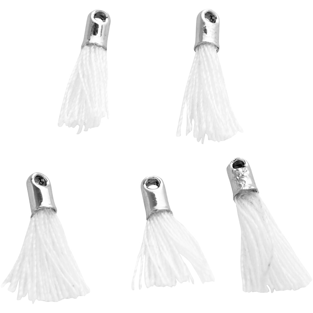 Cotton Tassel, L: 10 mm, hole size 1 mm, white, 5 pc