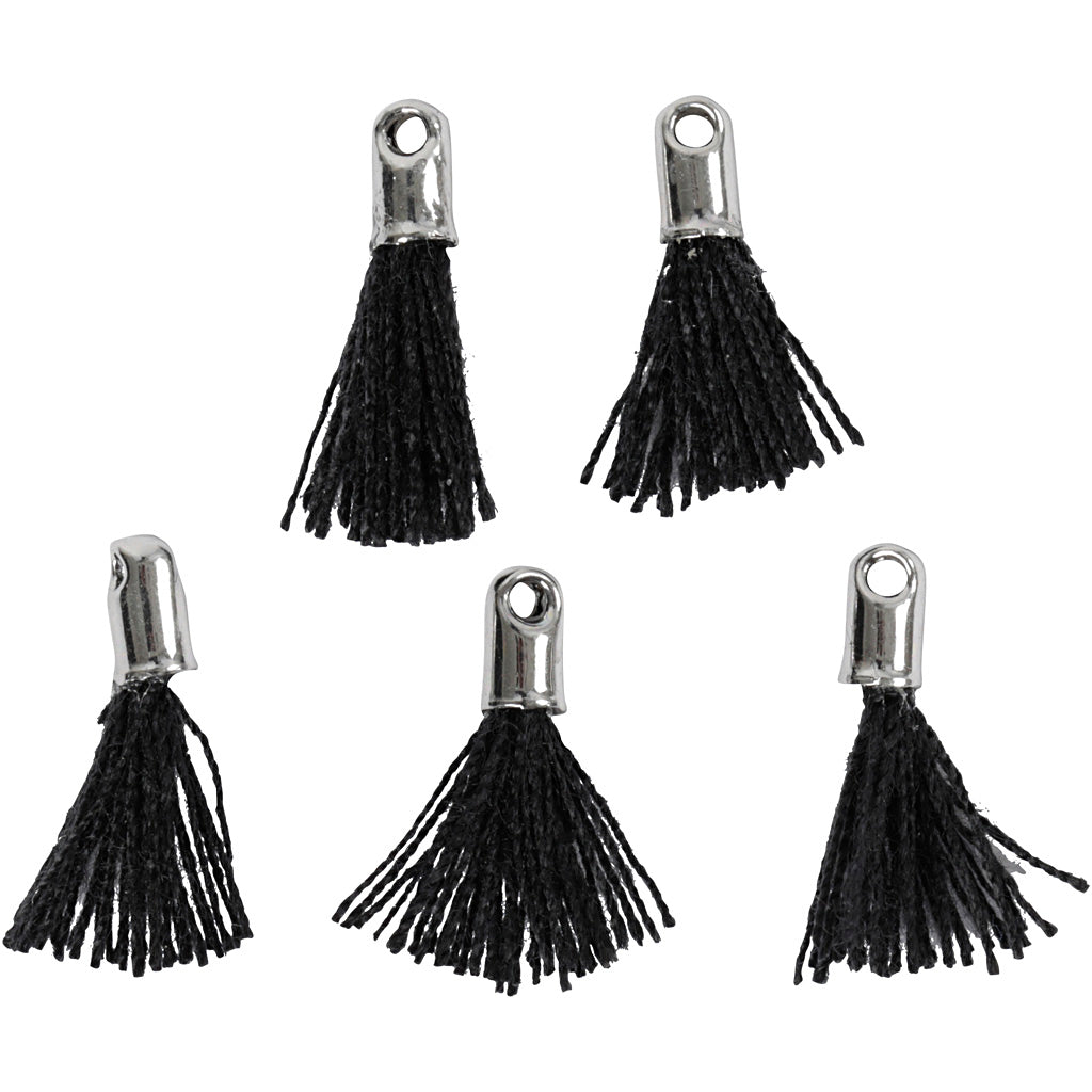 Cotton Tassel, L: 10 mm, hole size 1 mm, black, 5 pc