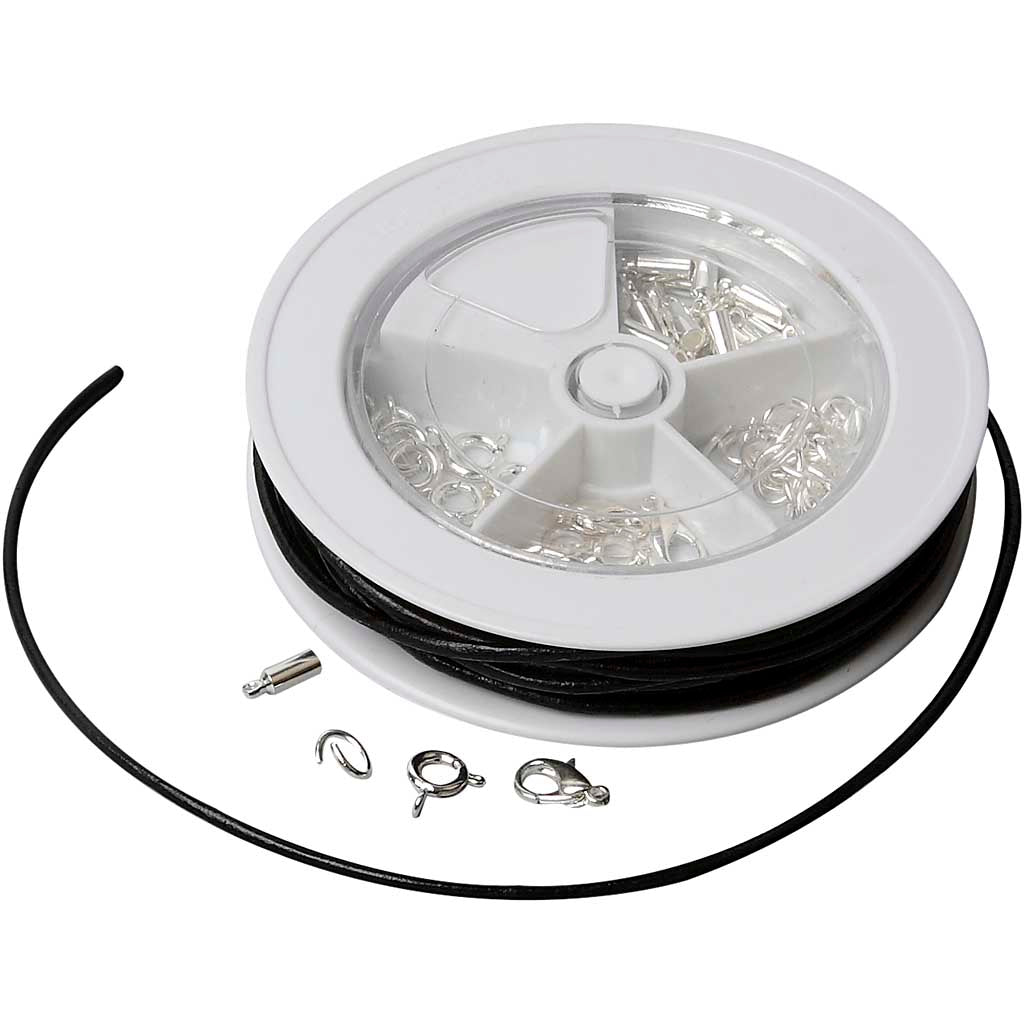 Jewellery Starter Kit, Leather laces, black, silver-plated