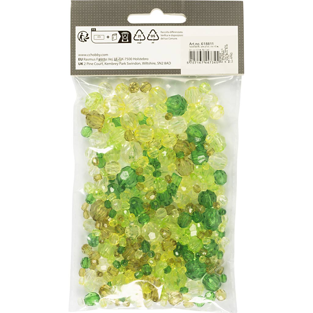 Facet Beads, size 4-12 mm, hole size 1-2,5 mm, ca. 170 pc, green glitter, 45 g