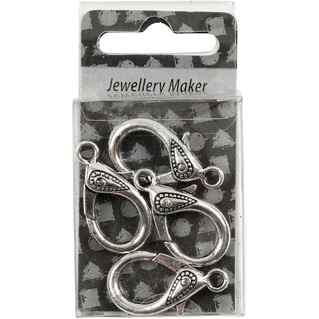 Karabinerverschluss, L 30 mm, Lochgröße 3 mm, Antiksilber, 4 Stk/ 1 Pck [HOB-63252]
