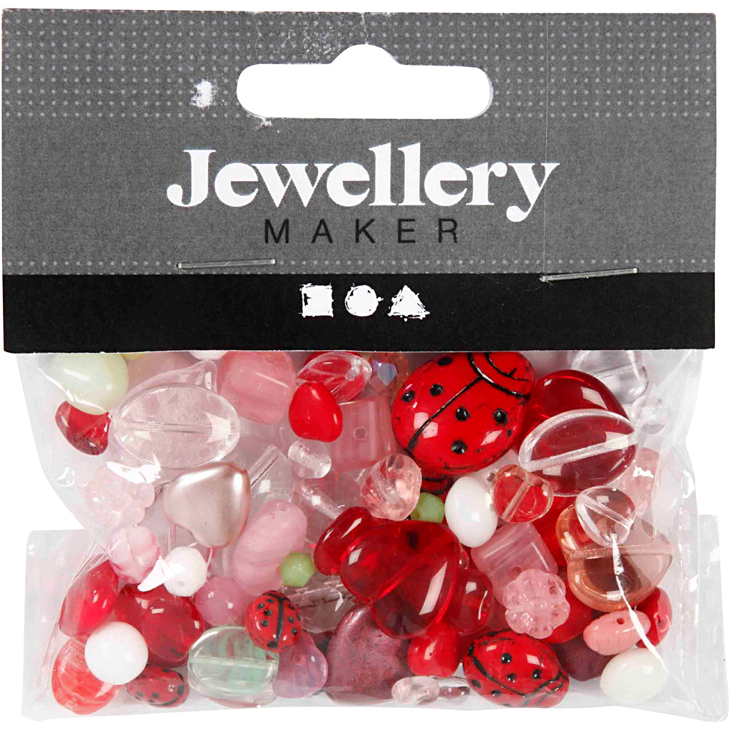 Glasperlen, Marienkäfer, Blätter, Herzen, Größe 5-22 mm, Lochgröße 0,5-1,5 mm, Sortierte Farben, 60 g/ 1 Pck [HOB-684230]