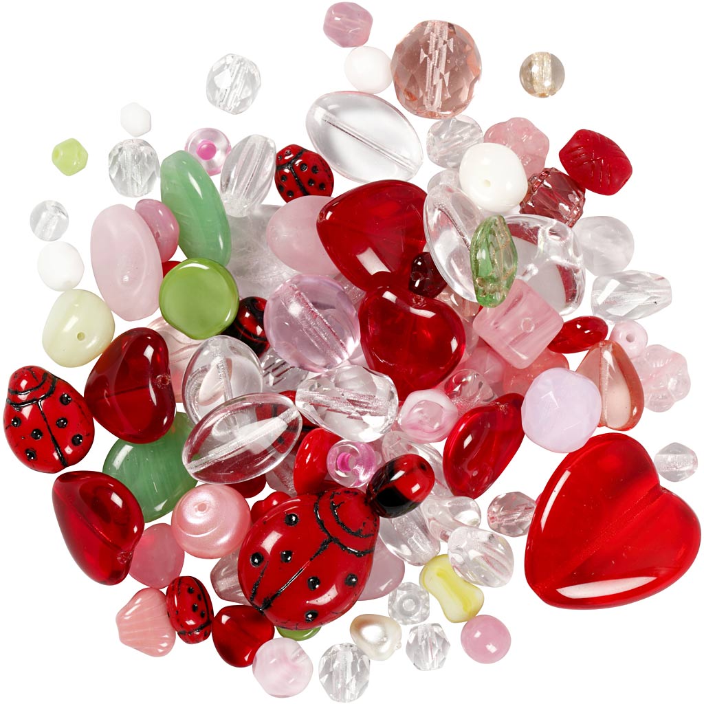 Glasperlen, Marienkäfer, Blätter, Herzen, D 5-22 mm, Lochgröße 0,5-1,5 mm, Sortierte Farben, 350 g/ 1 Pck [HOB-68423]