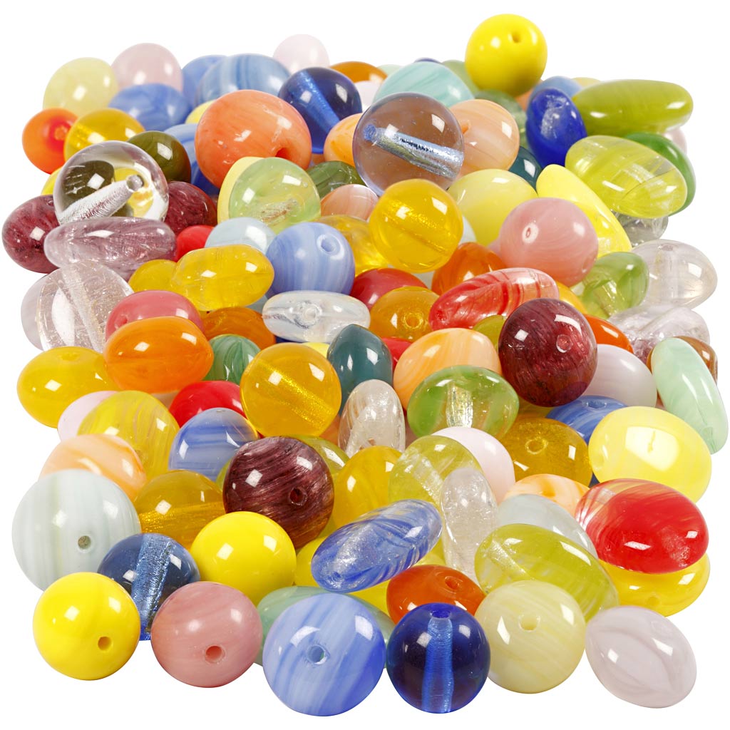 Glass beads, round, oval, circular, dia. 6-13 mm, hole size 0,5-1,5 mm, assorted colours, 350 g