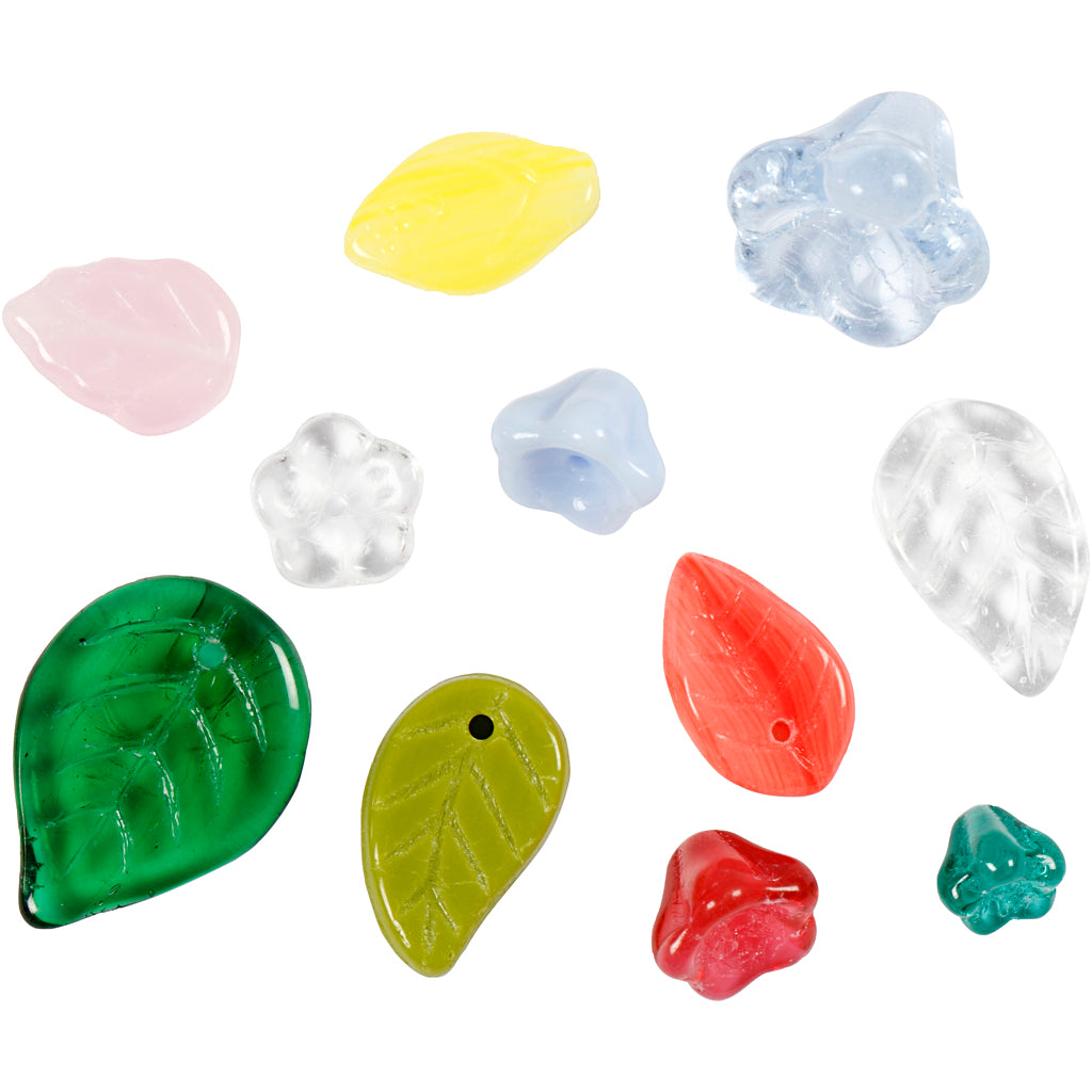 Glasperlen, Blätter, Blumen, D 6-17 mm, Lochgröße 0,5-1,5 mm, Sortierte Farben, 60 g/ 1 Pck [HOB-684260]
