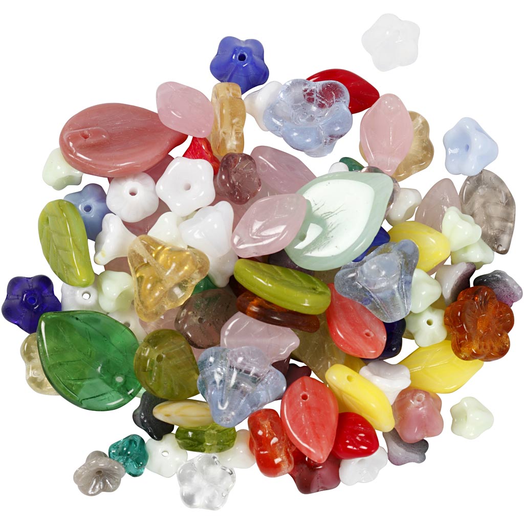 Glasperlen, Blätter, Blumen, D 6-17 mm, Lochgröße 0,5-1,5 mm, Sortierte Farben, 350 g/ 1 Pck [HOB-68426]