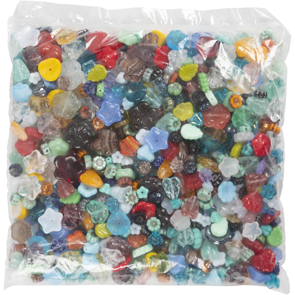 Glasperlen, Blätter, Blumen, D 6-17 mm, Lochgröße 0,5-1,5 mm, Sortierte Farben, 350 g/ 1 Pck [HOB-68426]