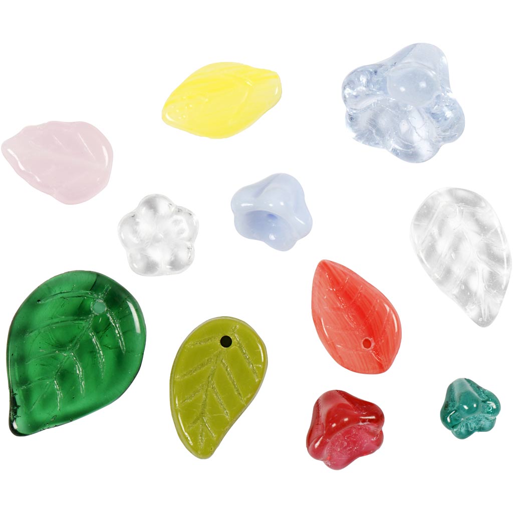 Glasperlen, Blätter, Blumen, D 6-17 mm, Lochgröße 0,5-1,5 mm, Sortierte Farben, 350 g/ 1 Pck [HOB-68426]