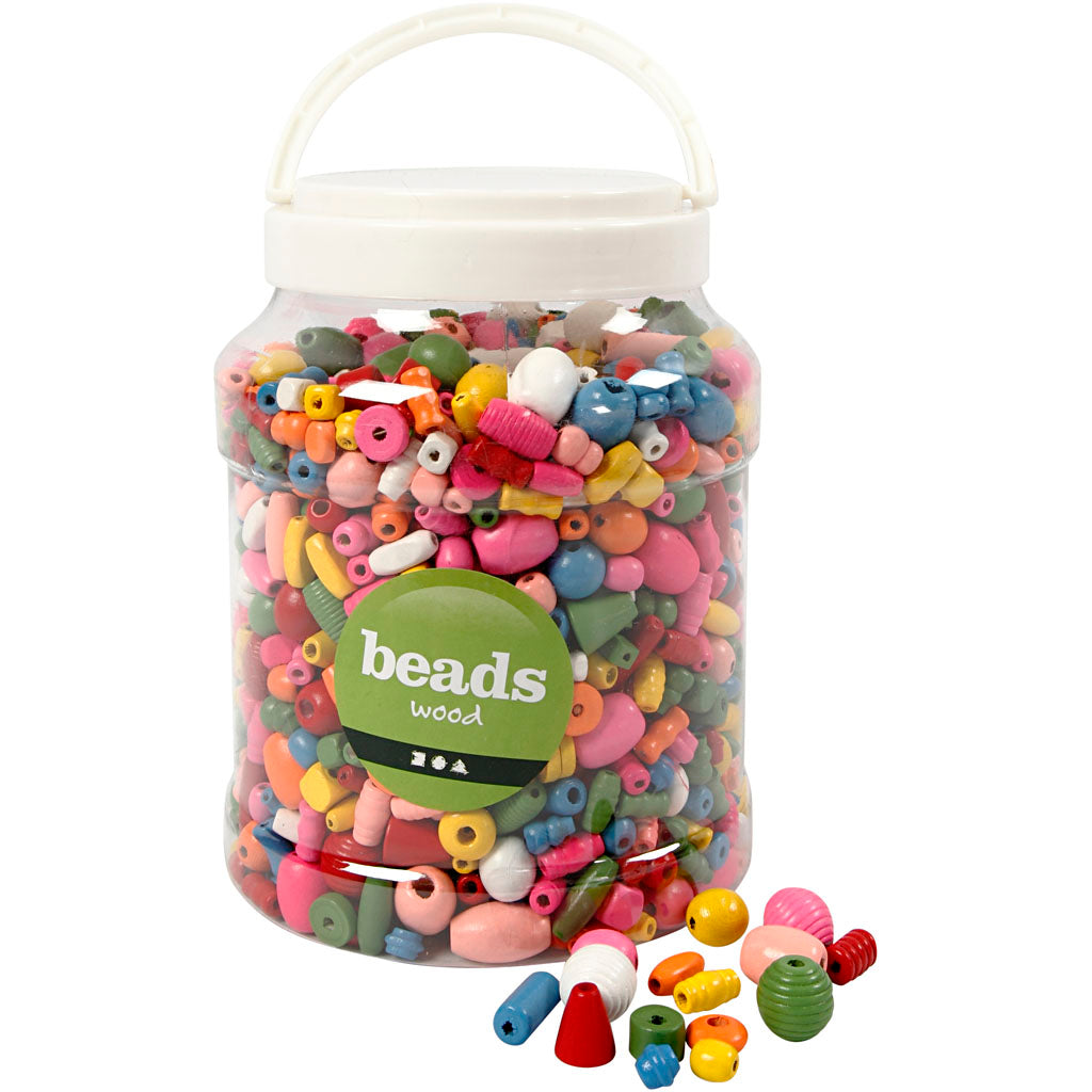 Wooden Beads, size 5-28 mm, hole size 2,5-3 mm, ca. 1938 pc, assorted colours, 850 g, 2 L/ 1 bucket