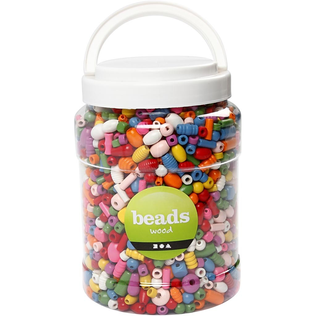 Perlen aus Holz, Größe 5-28 mm, Lochgröße 2,5-3 mm, ca. 1938 Stk, Sortierte Farben, 850 g, 2 l/ 1 Eimer [HOB-68476]