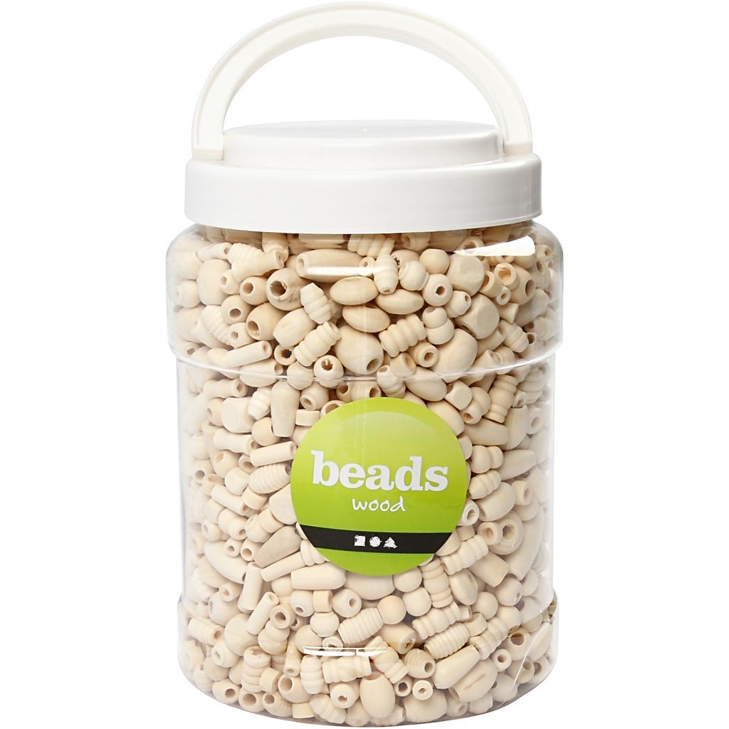 Perlen aus Holz, Größe 5-28 mm, Lochgröße 2,5-3 mm, ca. 1462 Stk, 850 g, 2 l/ 1 Eimer [HOB-68477]