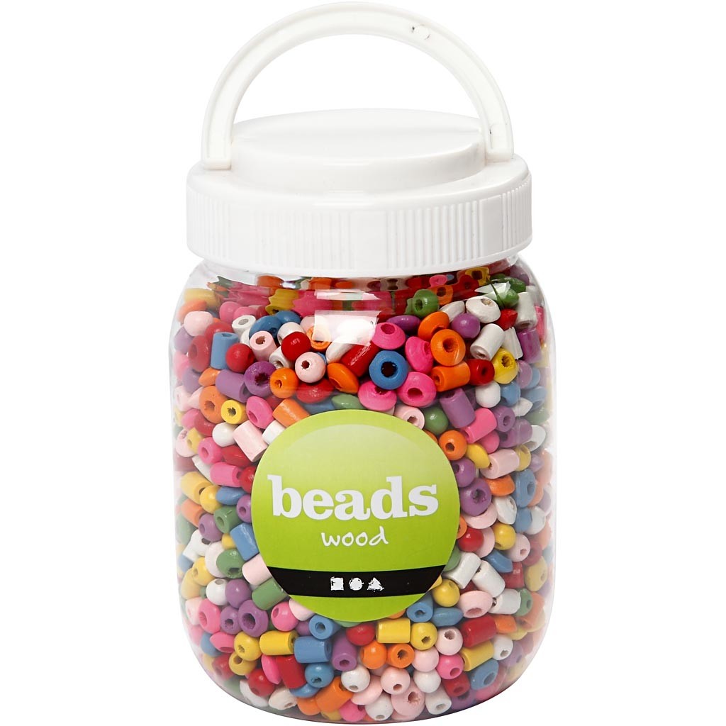 Perlen aus Holz, D 5-8 mm, Lochgröße 1,5 mm, ca. 2170 Stk, Sortierte Farben, 175 g, 400 ml/ 1 Eimer [HOB-68480]