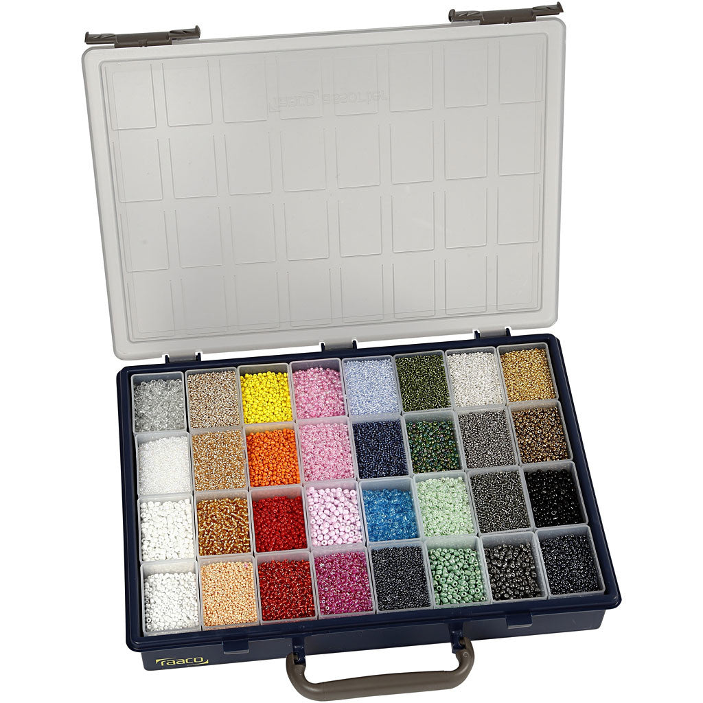 Rocailleperlen, D 1,7+3+4 mm, Größe 6/0+8/0+12/0, Lochgröße 0,5-1,2 mm, Farbe kann variieren , 32x100 g/ 1 Pck [HOB-688213]