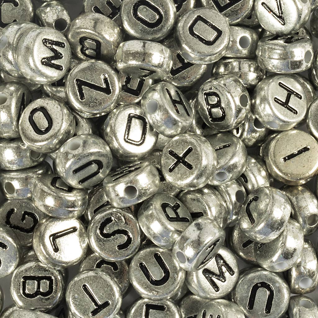 Letter Beads, dia. 7 mm, hole size 1,2 mm, ca. 200 pc, silver, 21 g