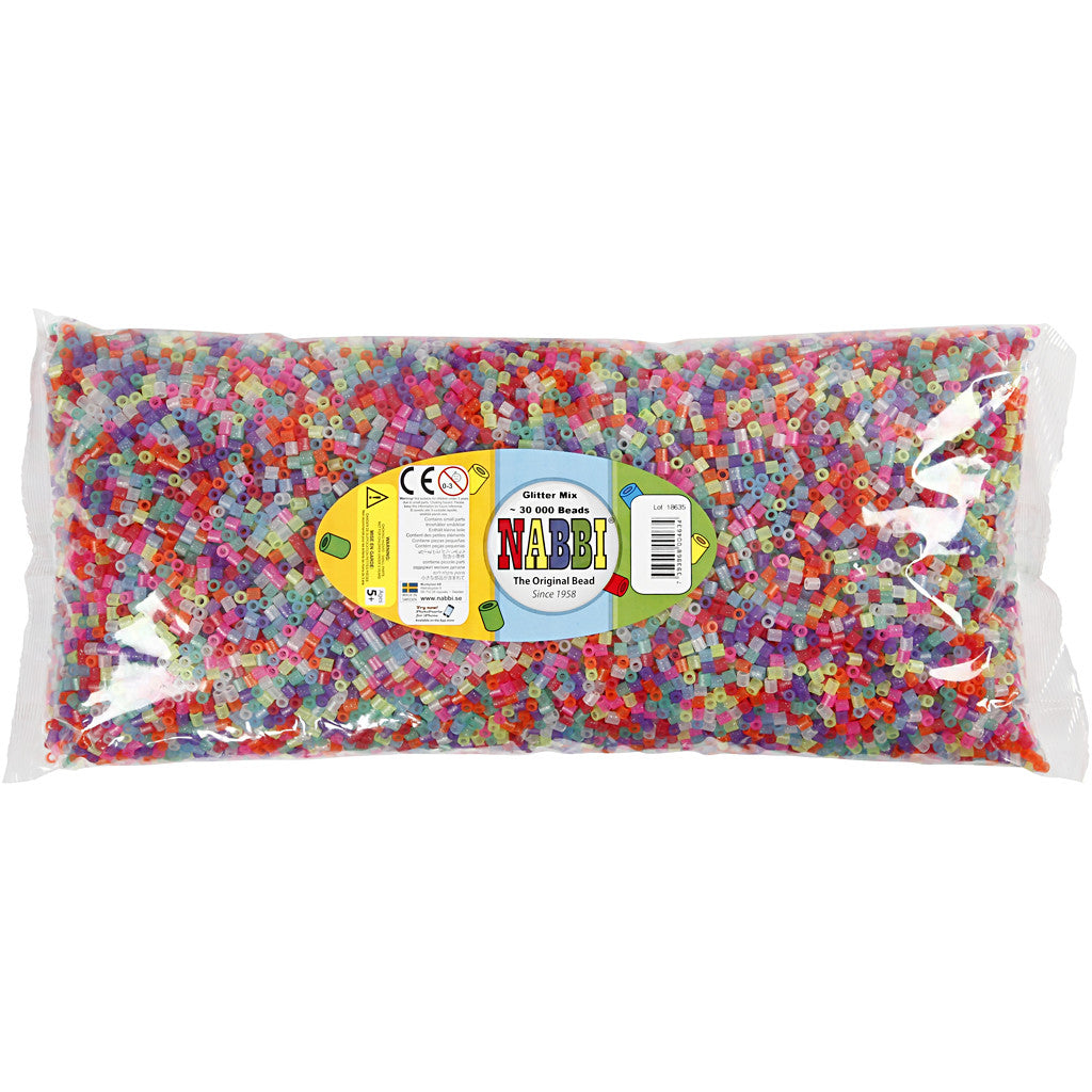 Bügelperlen, Größe 5x5 mm, Lochgröße 2,5 mm, medium, Glitter-Farben, 30000 sort./ 1 Pck [HOB-752401]