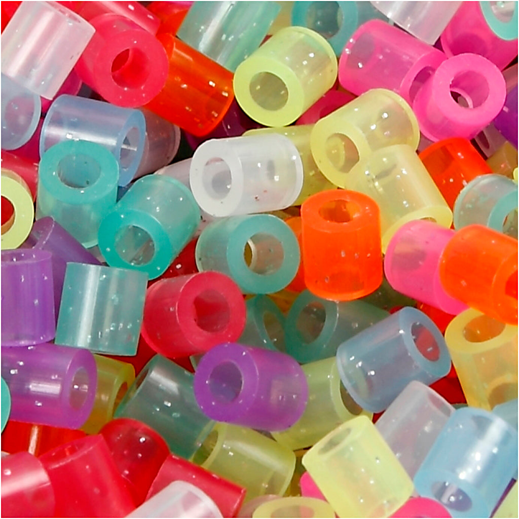Fuse Beads, size 5x5 mm, hole size 2,5 mm, medium, glitter colours, 20000 asstd./ 1 bucket