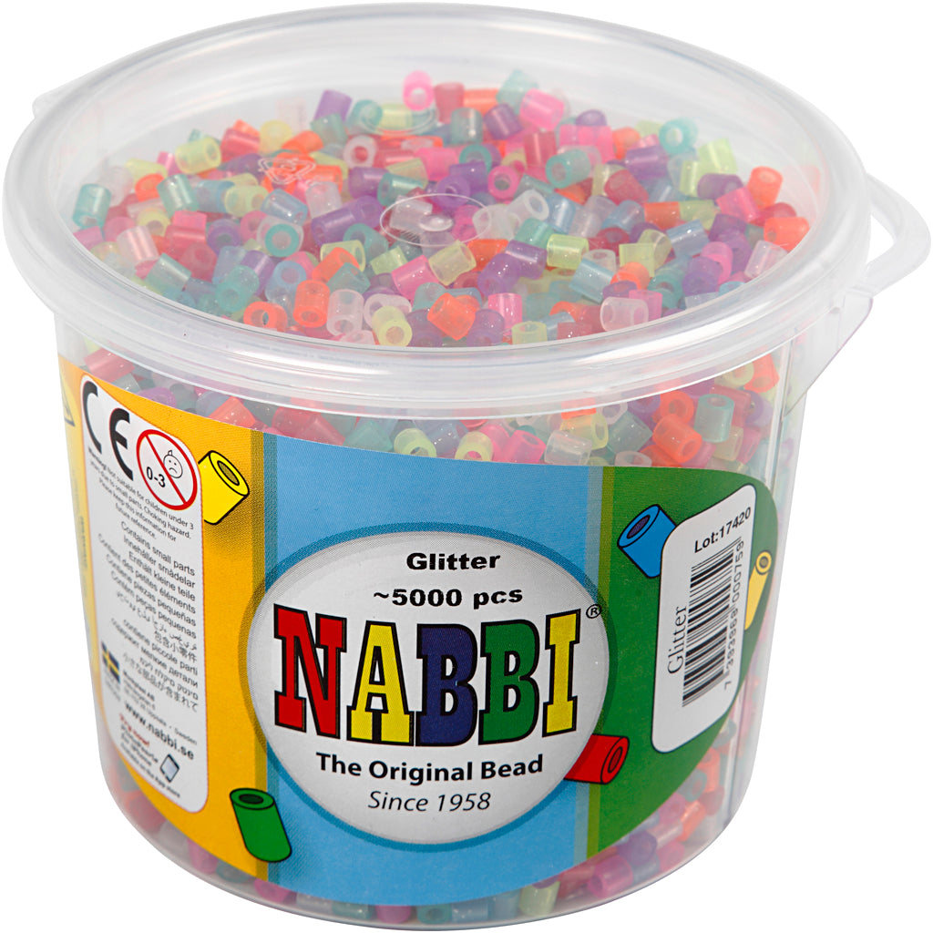 Bügelperlen, Größe 5x5 mm, Lochgröße 2,5 mm, medium, Glitter-Farben, 5000 sort./ 1 Eimer [HOB-75242]