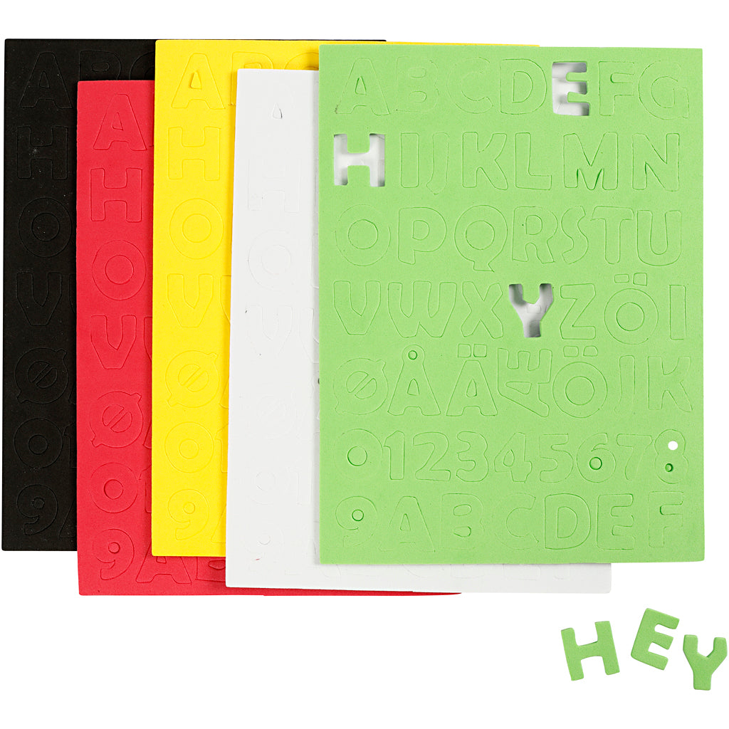EVA Foam Letters & Numbers, sheet 15x21 cm, size 2-2,3 cm, thickness 2 mm, assorted colours, 5 sheet
