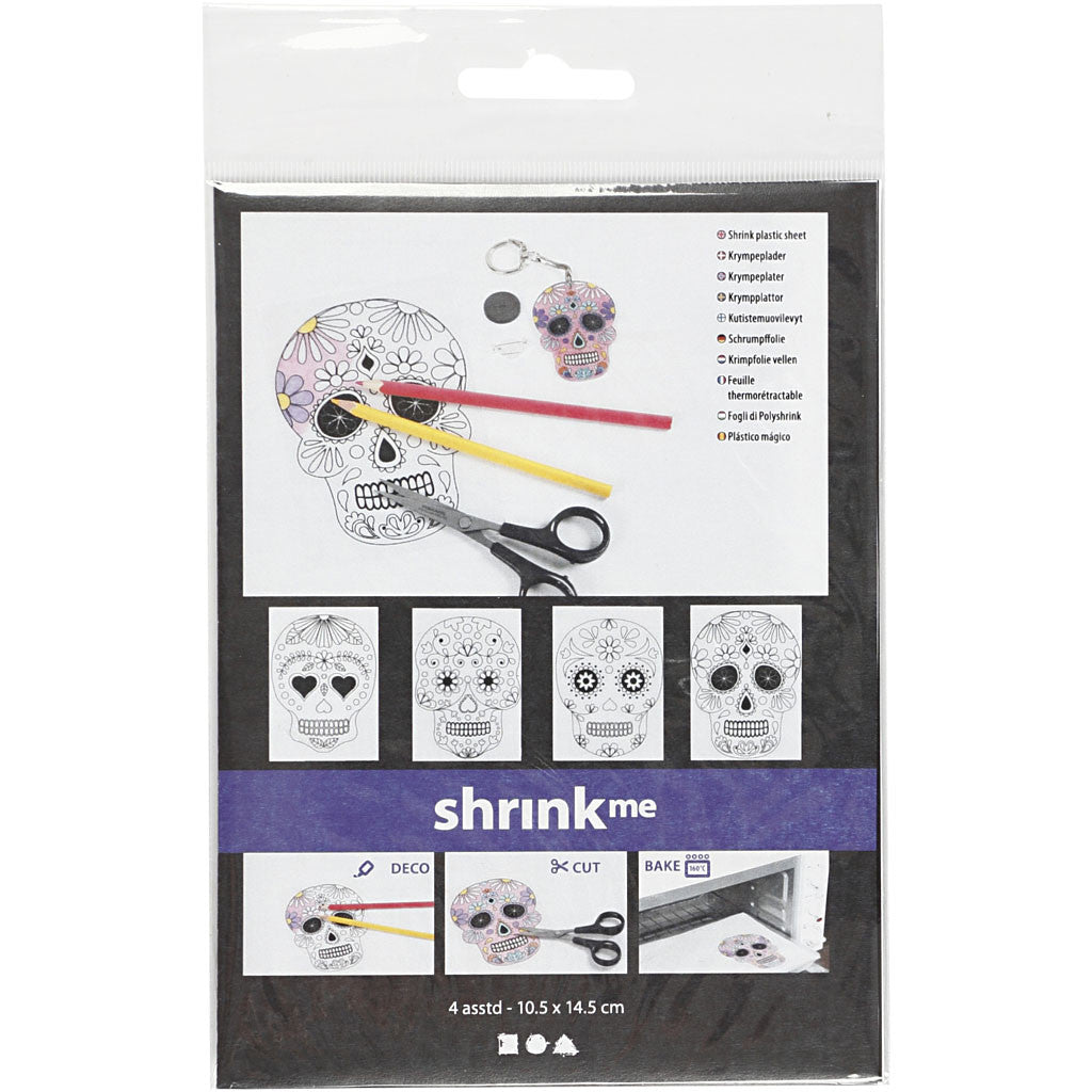 Plastikschrumpfplatten mit Motiven, Totenköpfe, Blatt 10,5x14,5 cm, Dicke 0,3 mm, Matt transparent, 4 Bl./ 1 Pck [HOB-79068]