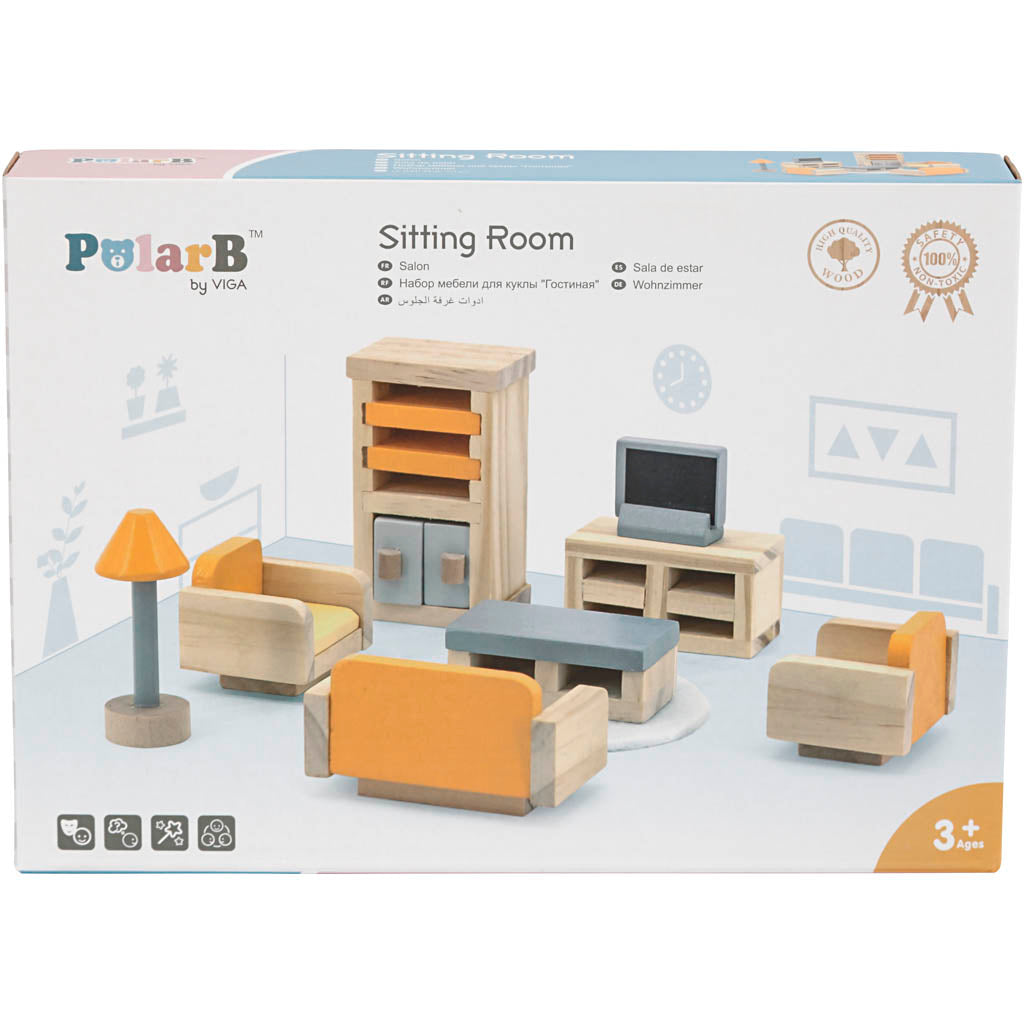 VIGA Puppenhausmöbel, Wohnzimmer, Größe 2x2x7,5 cm, 8 Teile/ 1 Set [HOB-906692]