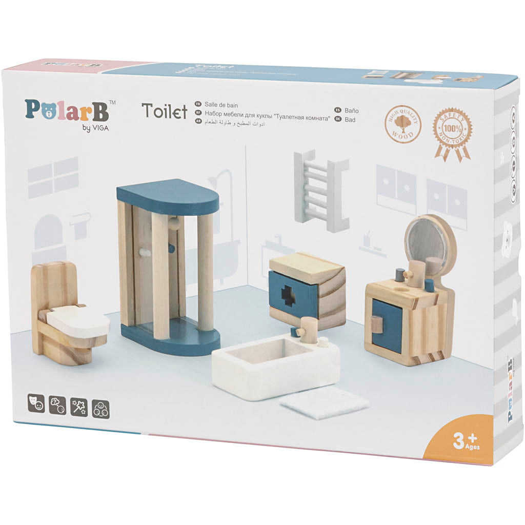 VIGA Puppenhausmöbel, Badezimmer, Größe 2x2x7,5 cm, 7 Teile/ 1 Set [HOB-906694]