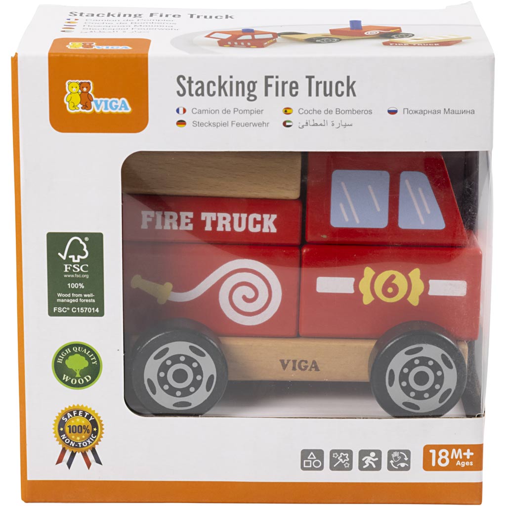 VIGA Feuerwehrauto aus Holzklötzen, Feuerwehrauto, Größe 13x10x8 cm, 1 Stk [HOB-907663]